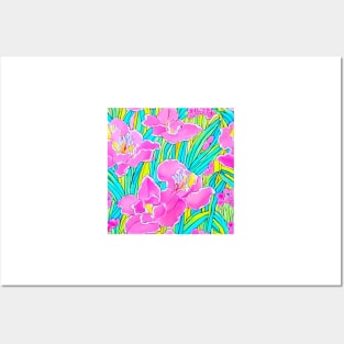 Preppy pink, turquoise and yellow large scale orchids Posters and Art